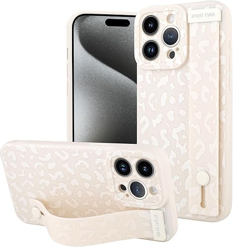 OOK Funda compatible con iPhone 15 Pro Max con correa para la muñeca, funda delgada de poliuretano termoplástico (TPU) de leopardo blanco a prueba