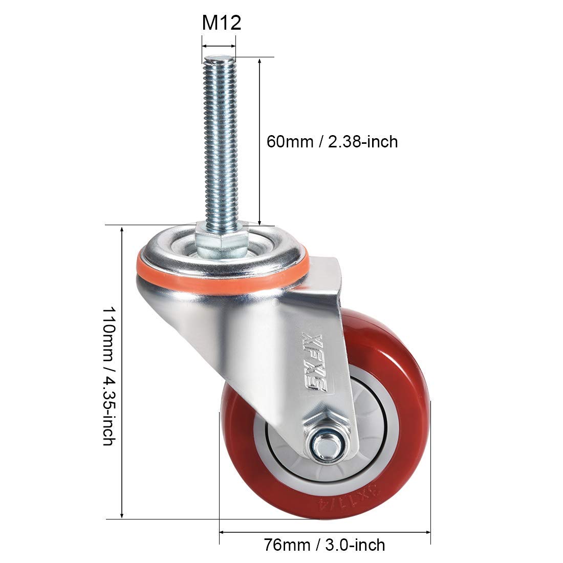 Ruedas giratorias de poliuretano, rueda de 3 pulgadas de diámetro M12 x 60 mm, eje roscado, capacidad de 264 lb, 2 unidades