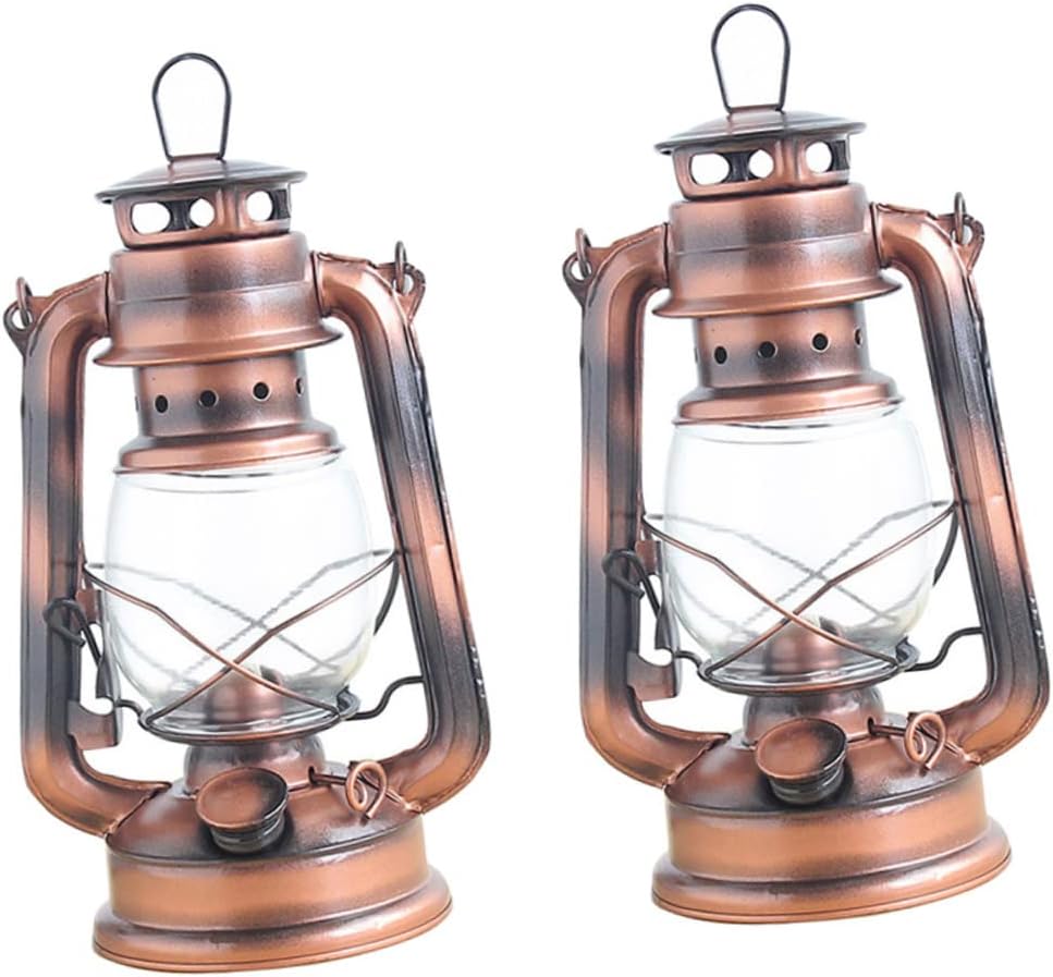 Holibanna 2pcs Vintage Kerosene Lamp Portable Oil Lantern with Glass Cover Rustic Metal Crafts for Home Decoration Outdoor Camping and Emergency Lighting
