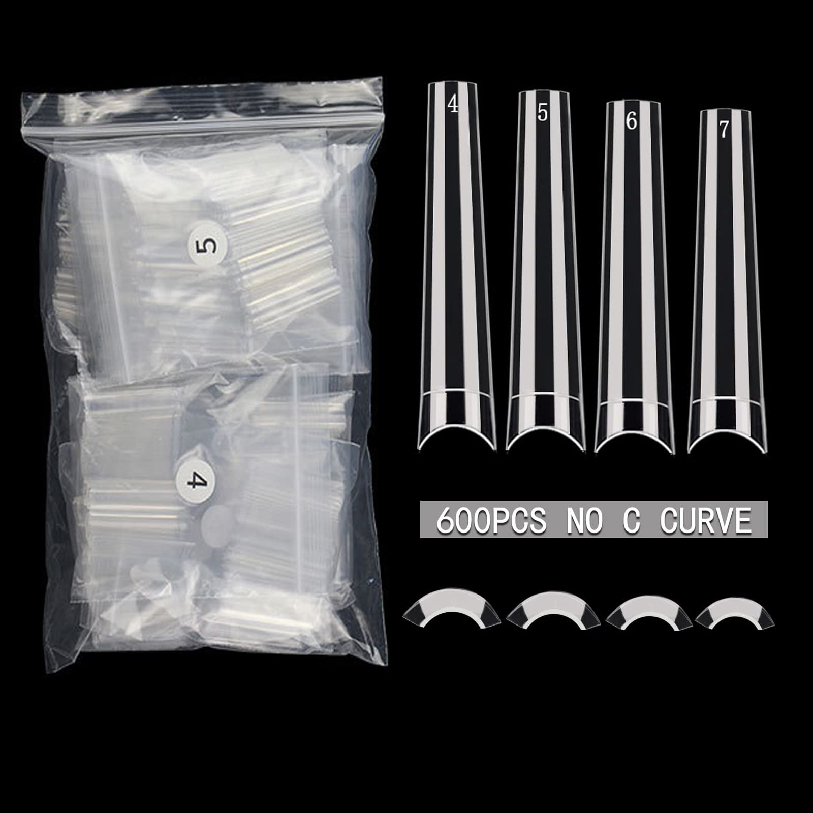 SWETIDY False Nail (600Pcs Refill XXL Coffin, No C Curve, Clear, Acrylic, Ballerina, Half Cover) - 4, 5, 6, 7 Sizes