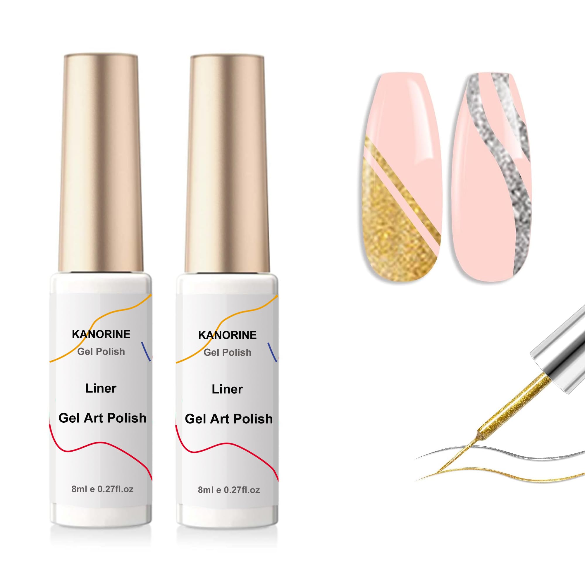 KANORINE Liner Nail Gel Polish Gold & Silver Glitter Gel Nail Polish for Fineliner Nail Art French Manicure Nail Polish