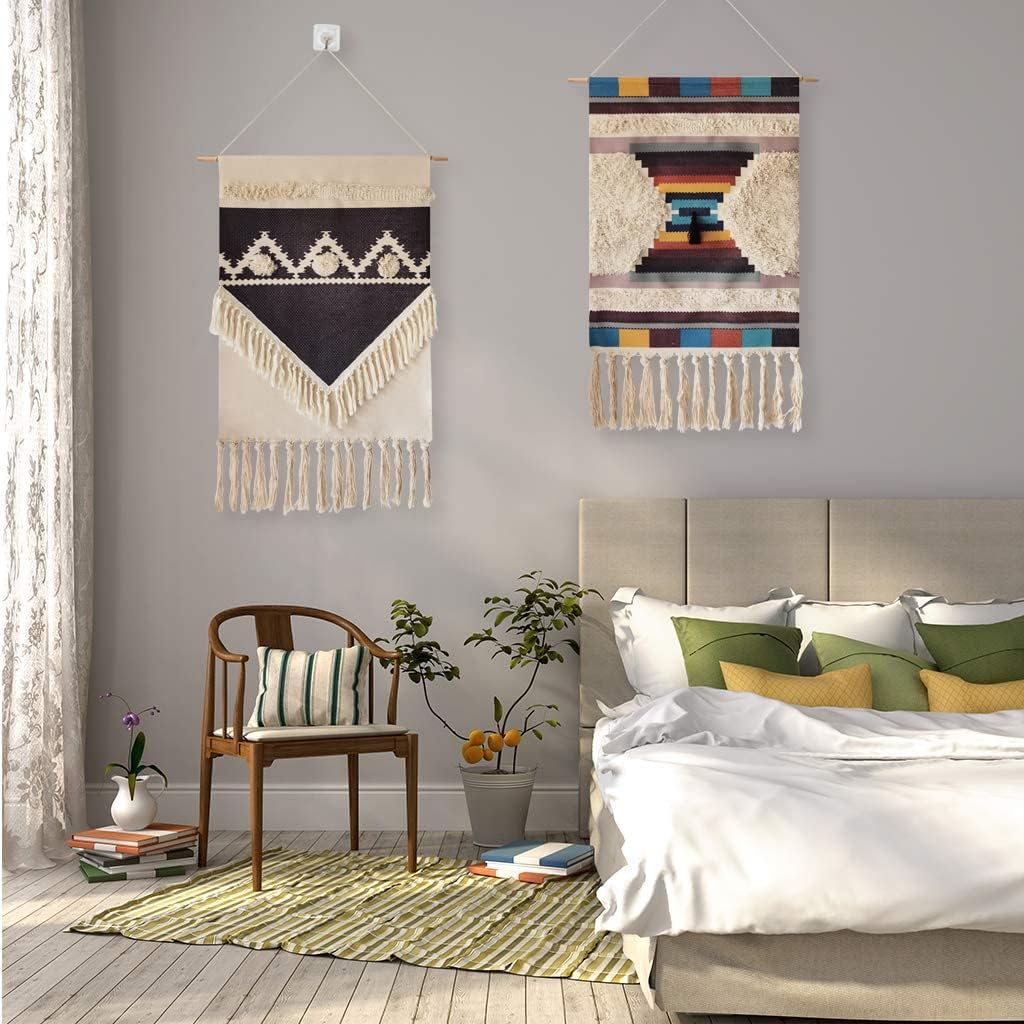 Macrame Woven Wall Tapestry Hanging Art, 20" W x 34" H Extra Large Boho Chic Bohemian Morocco Geometric Tapestries Decor for Apartment Dorm Kids Living Room Bedroom Door Entrance (Black Triangle-004)