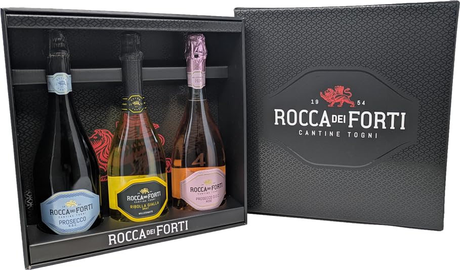 Confezione Regalo Rocca dei Forti con 3 bottiglie da 75cl - 1 Prosecco D.O.C. + 1 Prosecco D.O.C. Rosé Millesimato + 1 Ribolla Gialla Millesimato