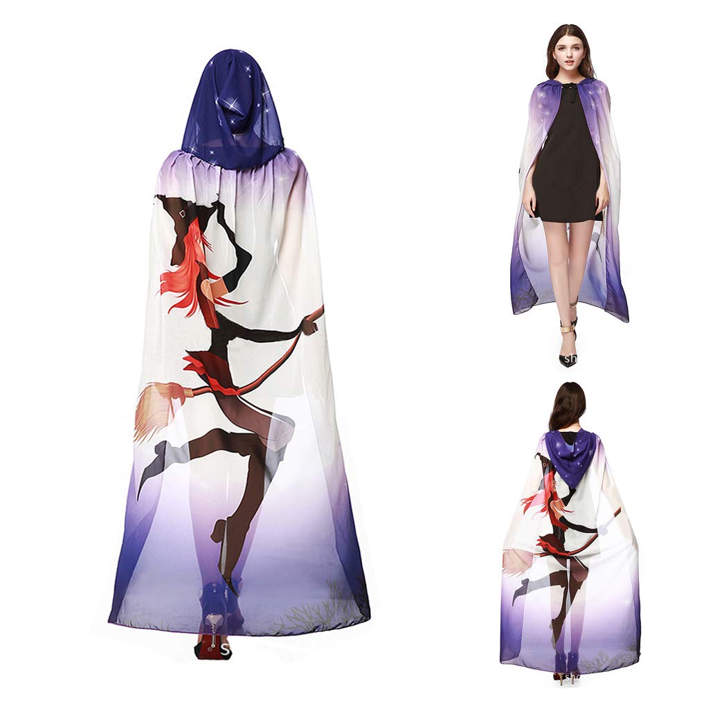 Moonlove Adults Long Hooded Halloween Cape Cloaks Thin Chiffon See-through Wizard Cosplay Costume With Hat Cap for Women Fairytale Fancy Dress Robe Costume for Halloween Cosplay Party, Purple Wizard