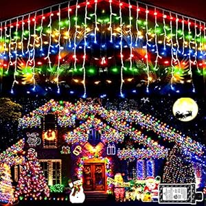 Christmas Lights Outdoor Decorations 400 LED 33ft 8 Modes Curtain Fairy String Light with 75 Drops, Clear Wire LED…