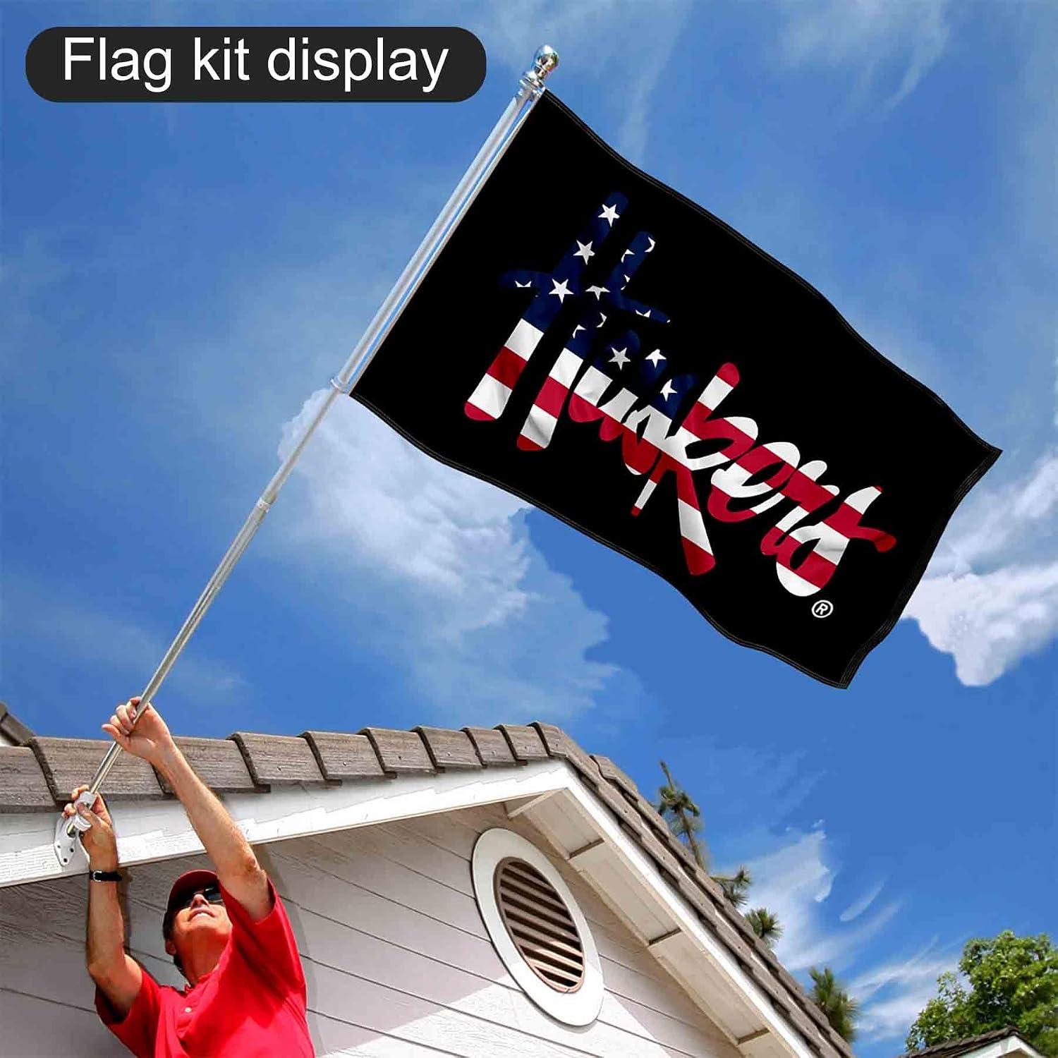 College Flags & Banners Co. Nebraska Huskers Patriotic Flag and Pole Bracket Mount Bundle