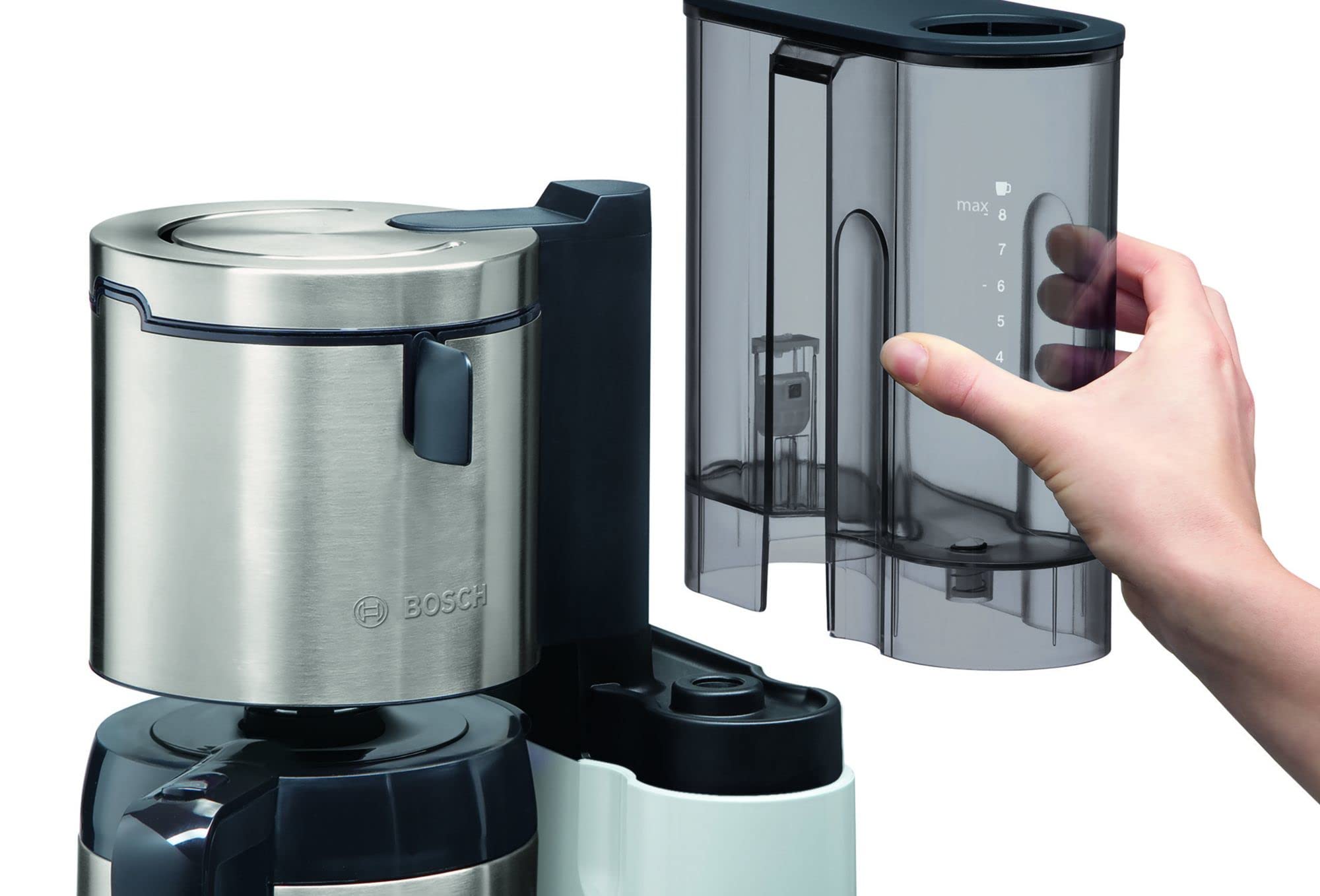 Bosch Filterkaffeemaschine Styline TKA8A681, Aroma Sensor, Edelstahl-Thermokanne 1,1 L, Für 8-12 Tassen, Abschaltautomatik, Entkalkungssystem, Tropfstopp, Abnehmbarer Wassertank (1 L), 1100 W, WeiÃŸ