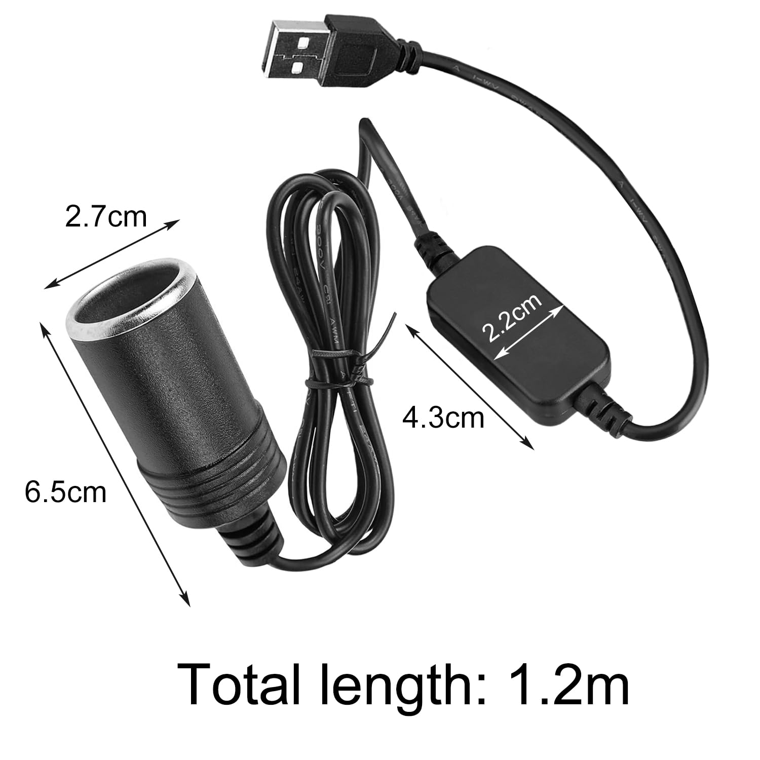 5V USB a Maschio a 12V Adattatore Presa Accendisigari, Cavo di Alimentazione 12V 18W, 1,2 m, per Telecamera Auto GPS Cane Elettronico Registratore di Guida