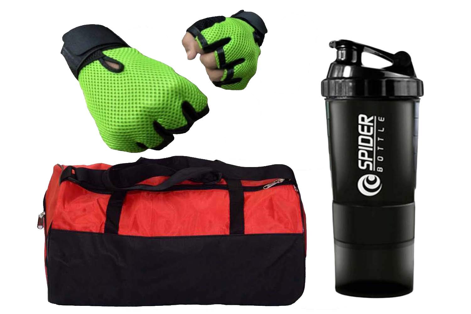 JMO27Deals Combo Set Polyester Red Sport Gym Duffle Bag Shoe Compartment, Gym Spider Shaker (500 ml), Netted Gym & Fitness Gloves (Green)