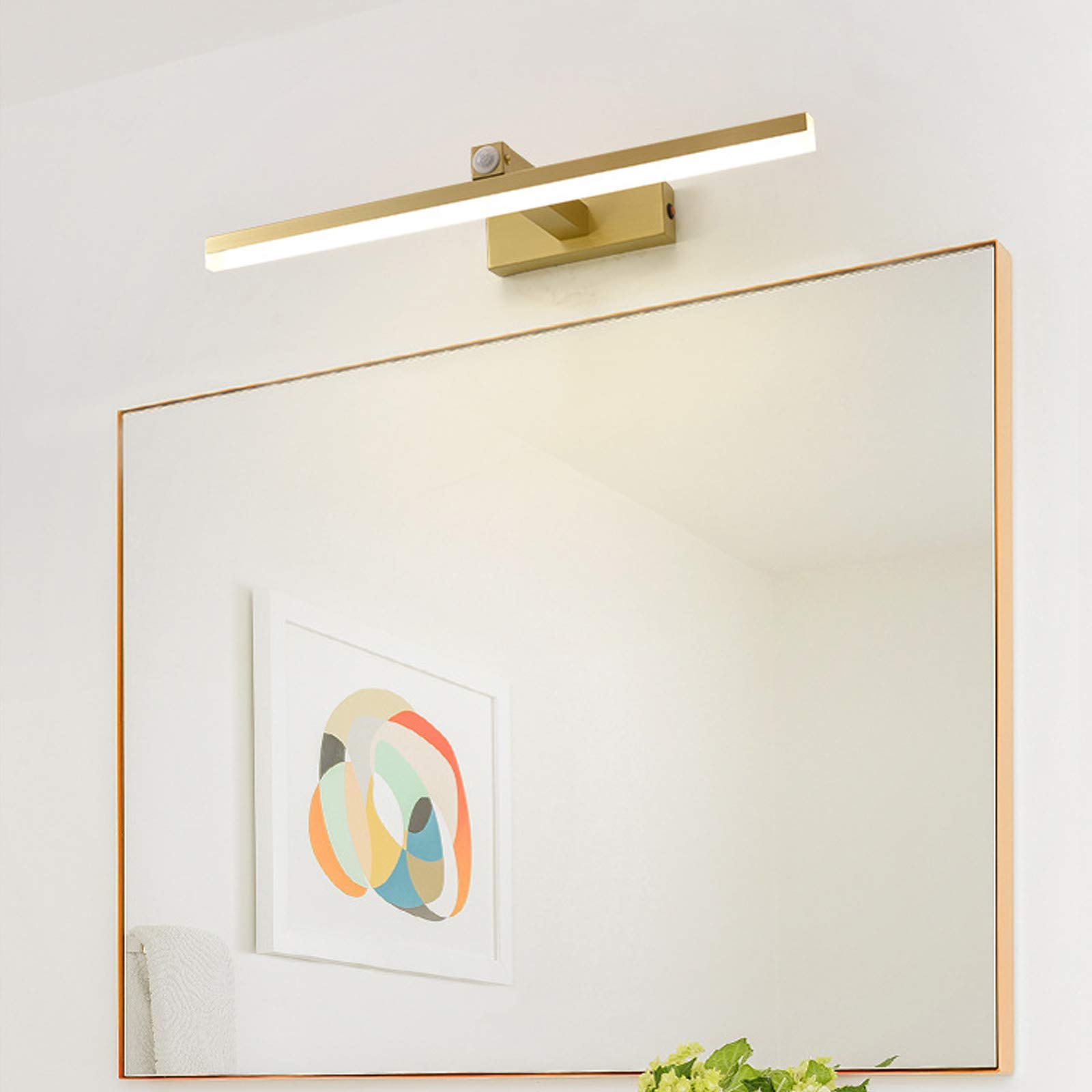 Luces de baño sobre espejo con sensor de movimiento, luz frontal de espejo LED de latón, blanco neutro de 4000 K, luces de gabinete de espejo dorado, luz de imagen moderna para restaurante de hotel,