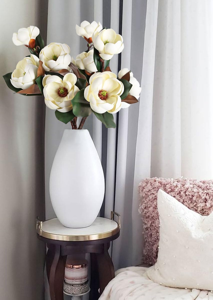 IPOPU White Magnolia Flowers Artificial 3PCS 9 Heads Large White Flower 27.5" Long Stem Artificial Flowers Silk Magnolia Flowers for Home Decor Indoor Faux Floral Arrangements
