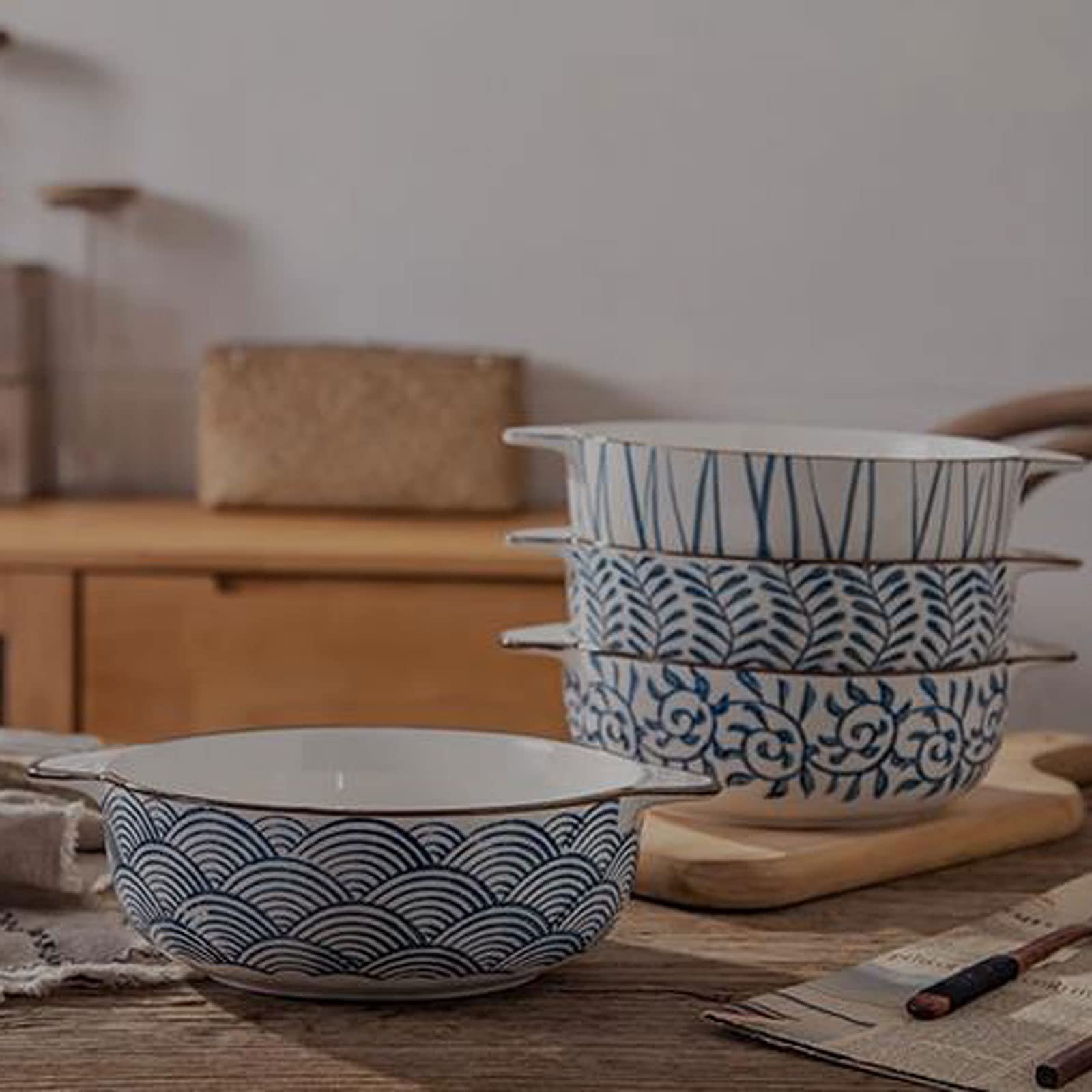 Miski do kuchni Ceramiczna salaterka 2-częściowy zestaw 17 uncji może zachodzić na uszy z wykwintnym designem Porcelanowy zestaw misek kuchennych z makaronem żaroodpornym Ceramika na przekąskę, deser