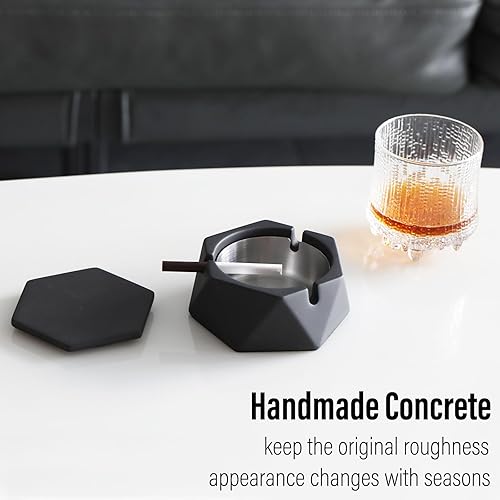 Miniatura 8 de FREELOVE - Cenicero Aiguan de concreto con tapa y forro resistente al viento para uso en interiores o exteriores, patio, oficina y hogar