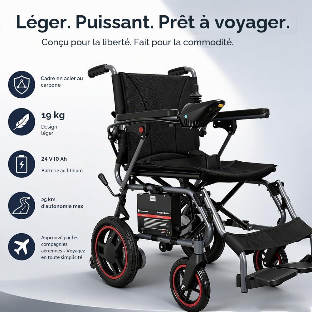 19kg Fauteuil roulant électrique pliable pour adultes, autonomie de 20 km, Fauteuil Roulant Électrique Tout-Terrain Pour Personnes Âgées, Supporte Jusqu’à 150Kg, Noir