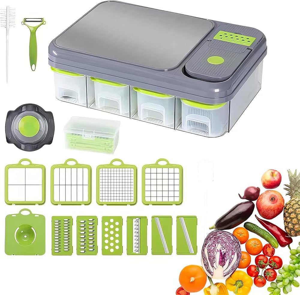 Hachoir à légumes 12 en 1 avec planche à découper et 4 récipients – Ensemble de mandoline 28 pièces, station de préparation intégrée avec panier égouttoir