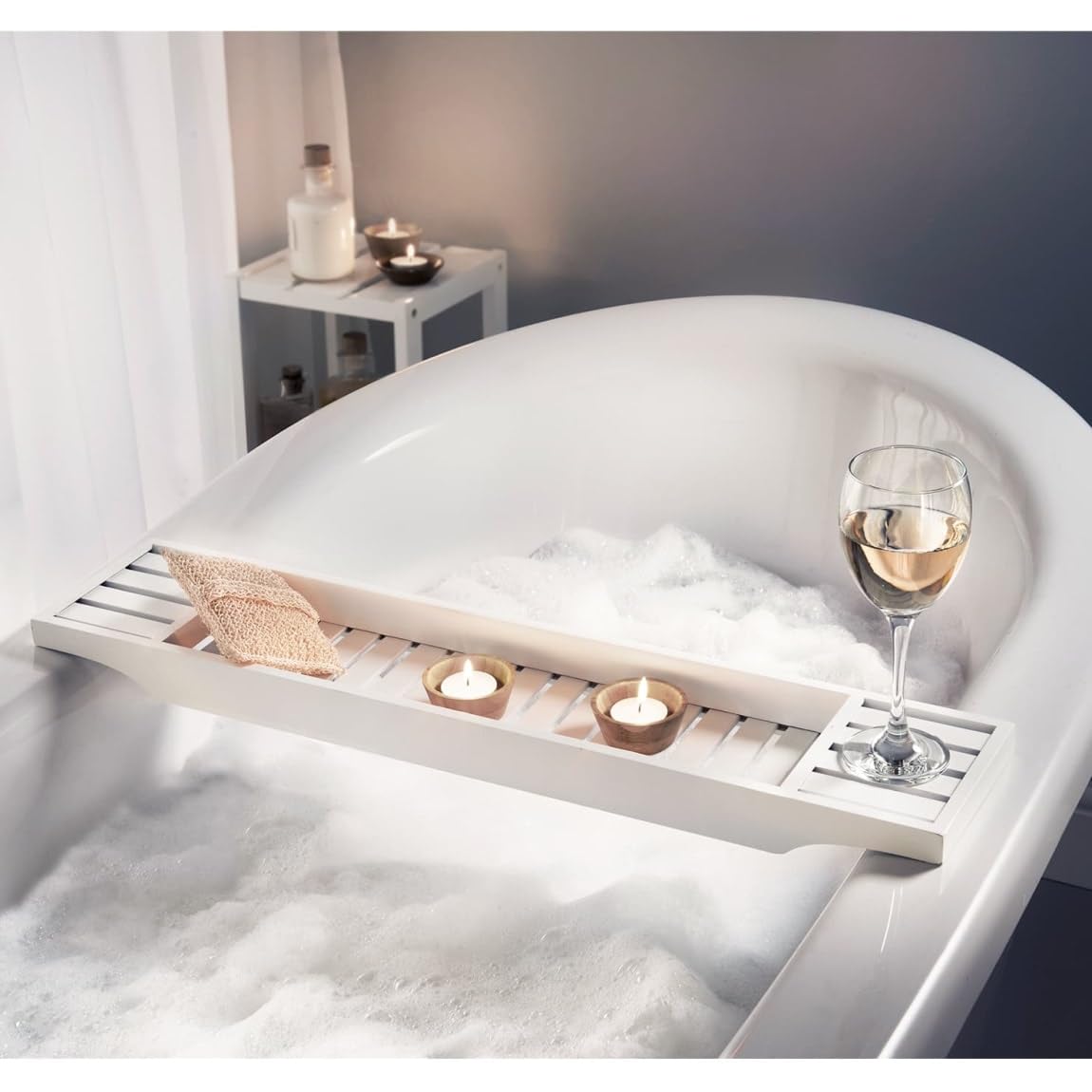 Wood Bath Tub Rack Bathroom Shelf Tidy Tray Storage Caddy Organiser, Bathtub Caddy, Bath Board with Book Rest Device Holder (Tablet/Smartphone Candle & Wine Glass)