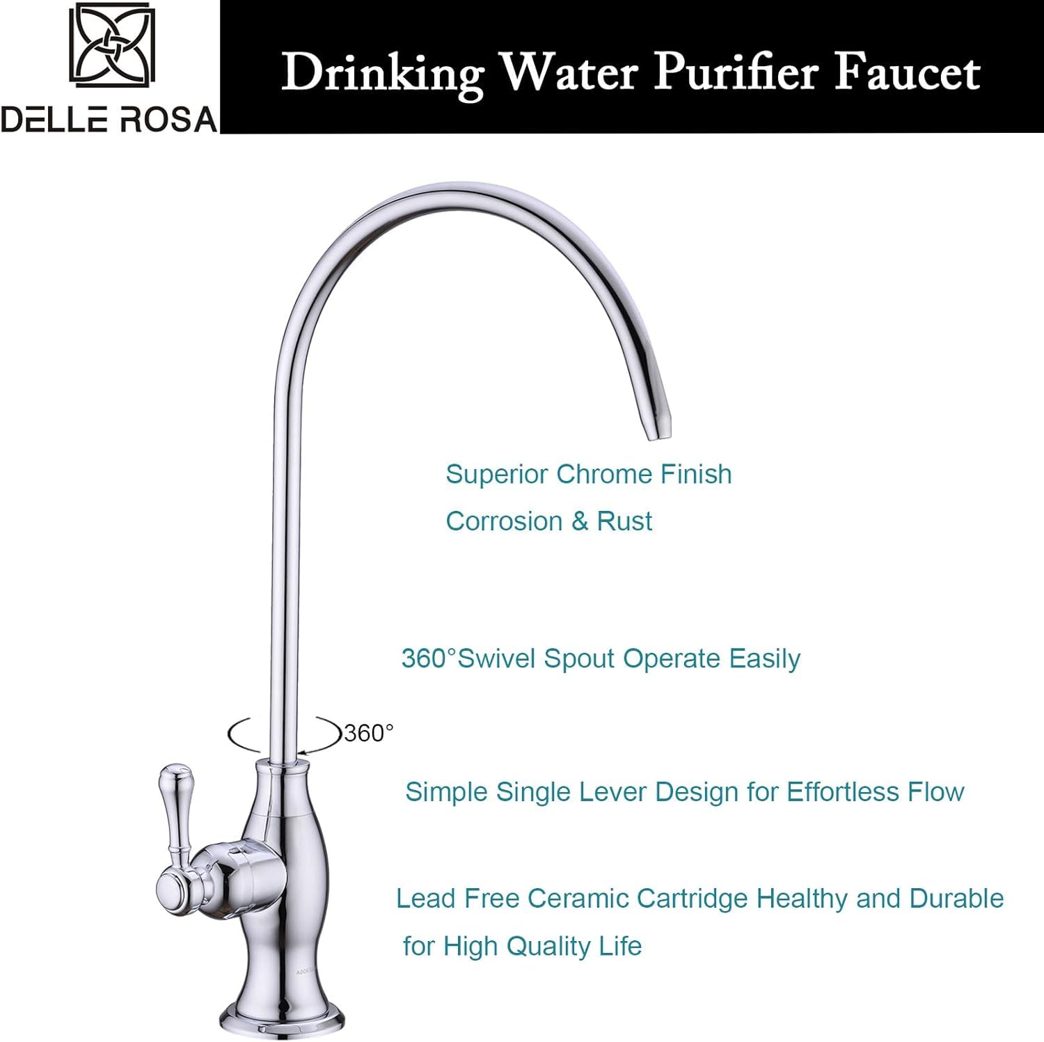 Delle Rosa Grifo purificador de agua potable, grifo de filtración de agua comercial para sistema de filtro de agua debajo del fregadero, moderno, de latón, para cocina, bar, fregadero, grifo de agua