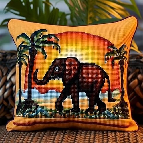 Henypt Latch Hook Kits for Adults Elephant At Sunset DIY Rug Hooking Pillow