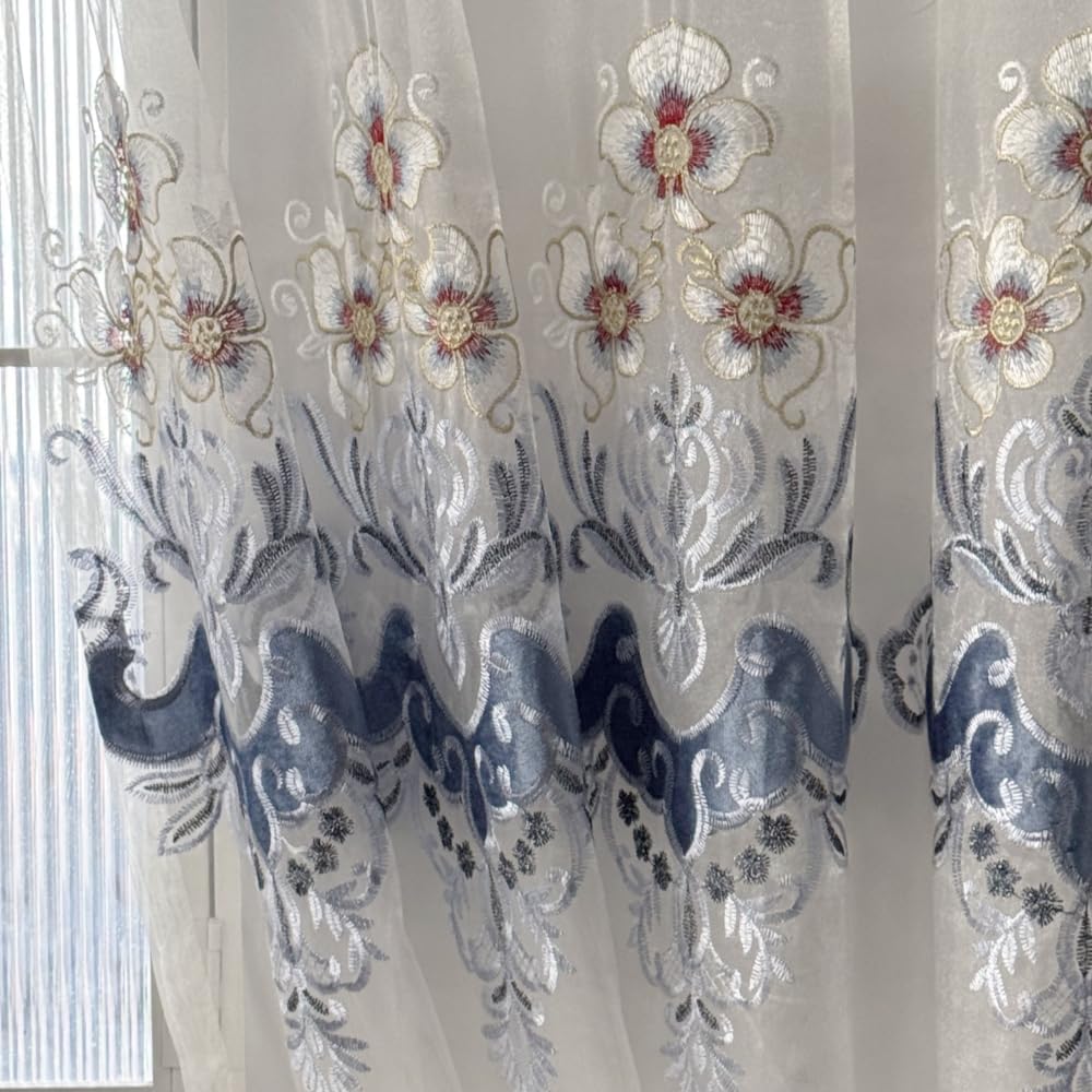 Amidoudou 1 Pair European Luxury Embroidered Sheer Curtains