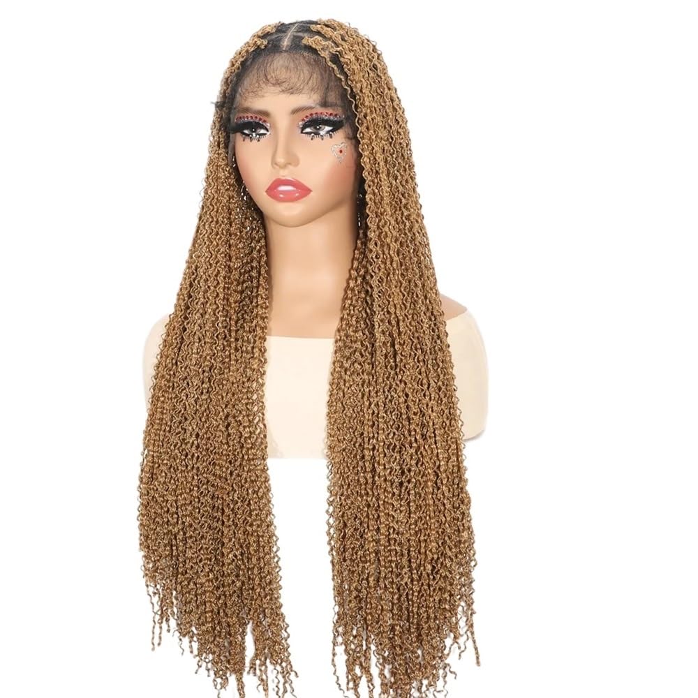 Pelucas trenzadas boho sin nudos, peluca trenzada sintética larga con frente de encaje HD de 13x4 '' for mujeres(Brown,20 inch)
