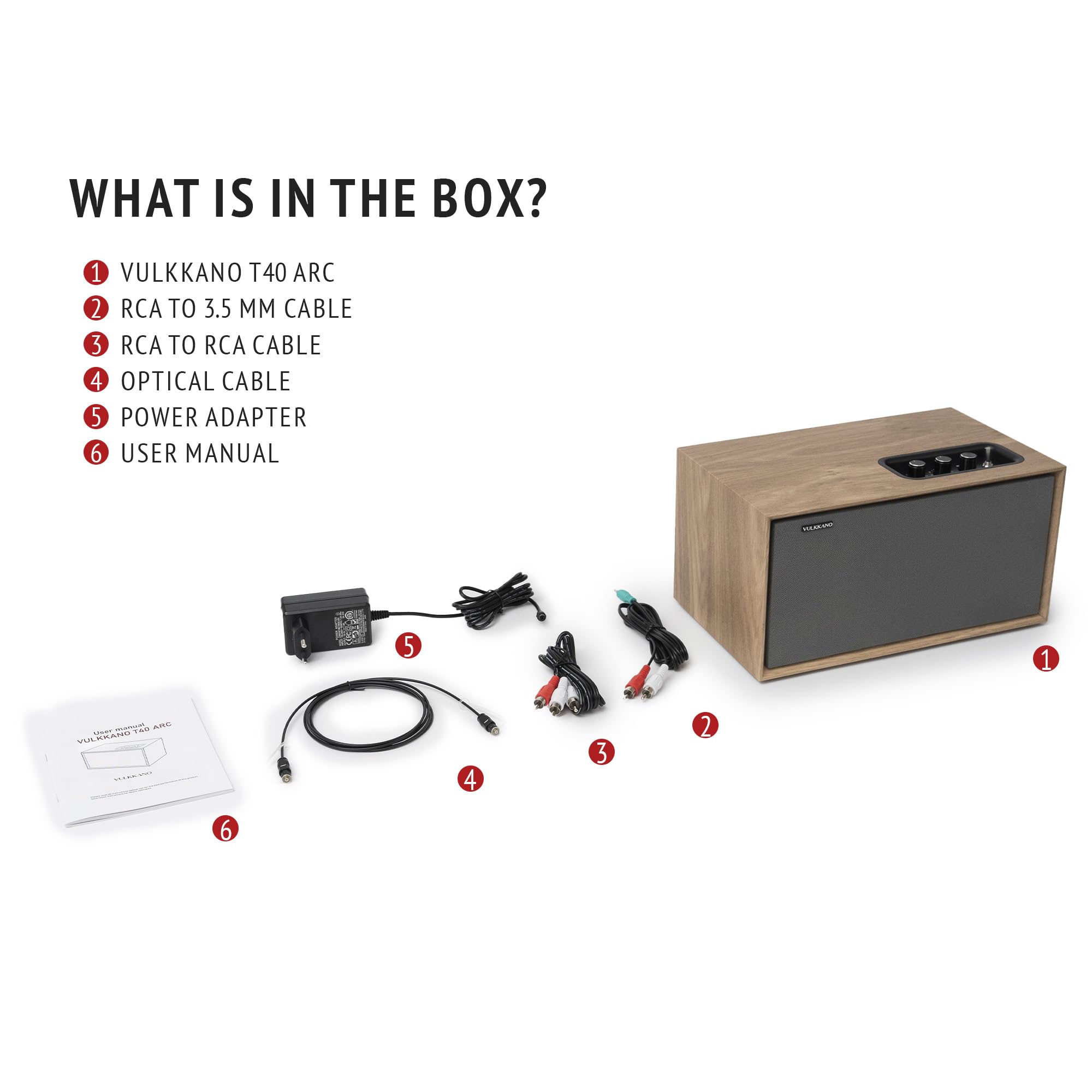 VULKKANO T40 ARC Altavoz activo con 40W de potencia, Woofer de 4" y doble tweeter de 1.25", HDMI ARC, Bluetooth 5.0, RCA, USB, Salida AUX y Subwoofer, Para la TV, la mesa o la estantería, Color Marrón
