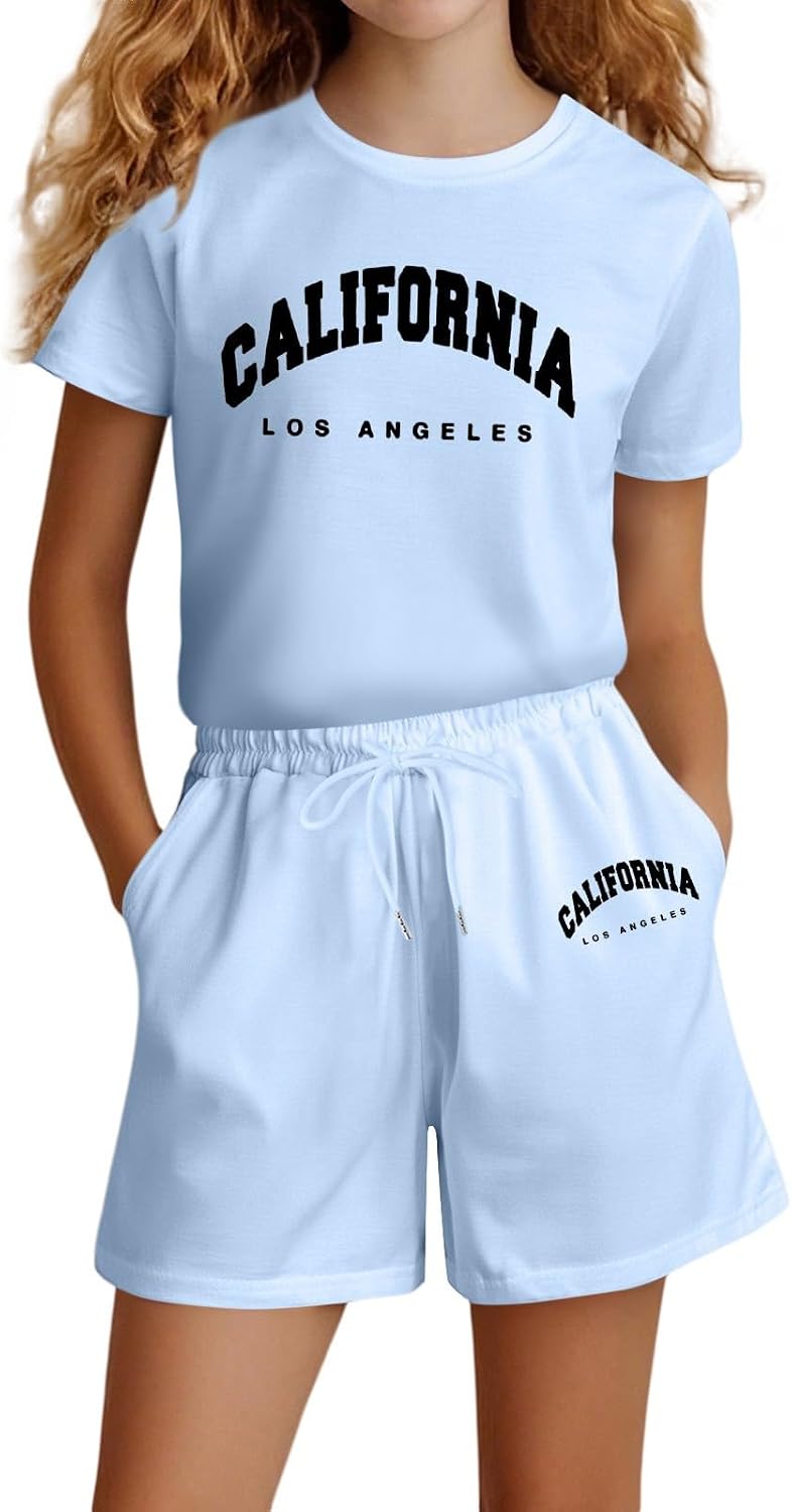 Kids Girls Summer Fashion Short Sleeve Tee Top and Loose Baggy Shorts 2 Piece Streetwear Set with Pockets 4-14 Years