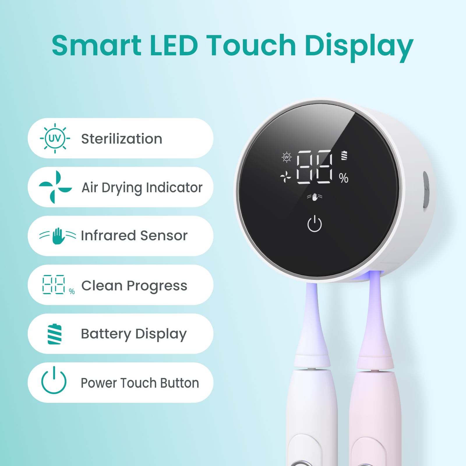 LifeBasis Porte-Brosse à Dents Électrique UV, Désinfection UVC/UVA avec Séchage à Air Chaud, Ouverture Automatique par Capteur, Support Mural pour 2 Brosses à Dents