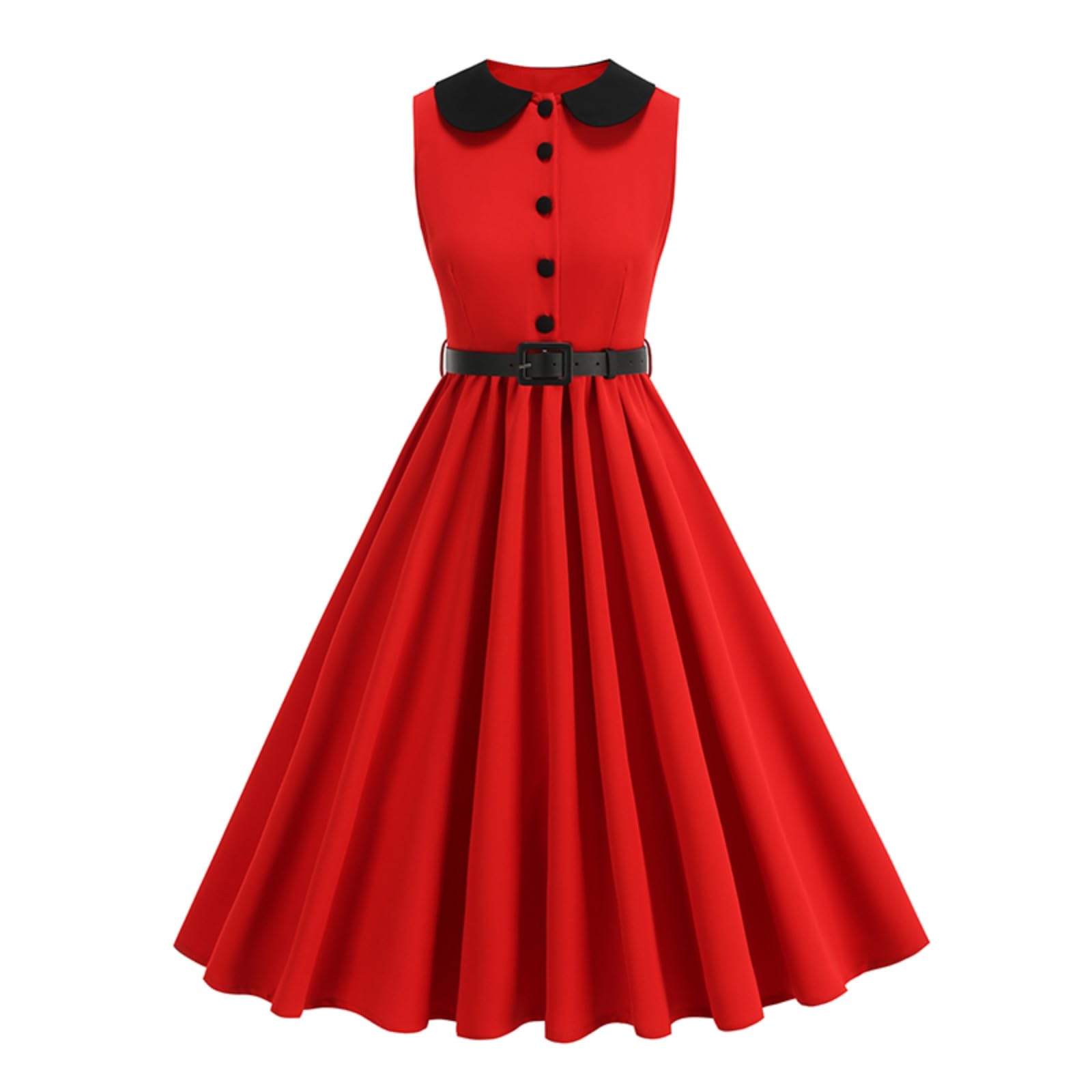 Women's 1950s Vintage Dress Sleeveless Collar Casual Button Party Midi Dresses with Belt Homecoming Swing Clothes