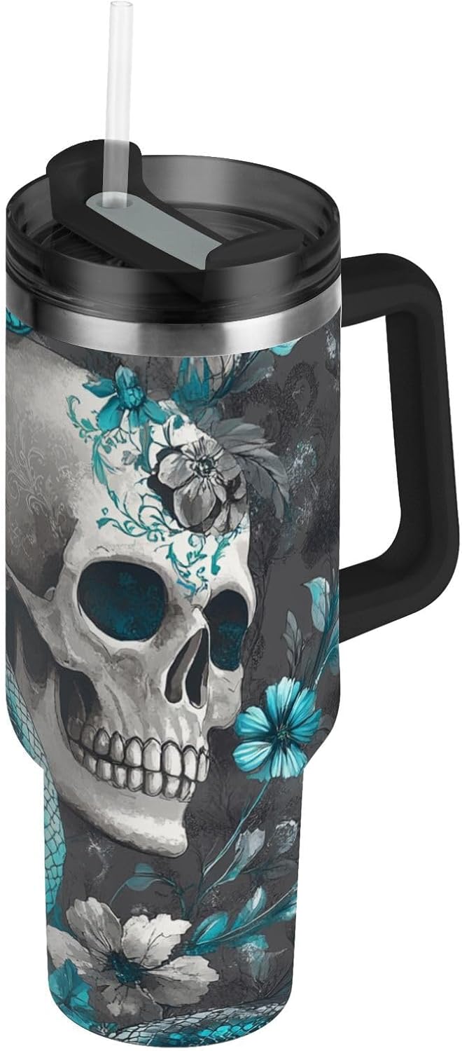40 oz Tumbler Turquoise Skulls Snakes with Handle and Straw Lid Vacuum Stainless Steel Insulated Water Bottle Travel Mug Car Cup Holder Friendly for Gym Travel Office