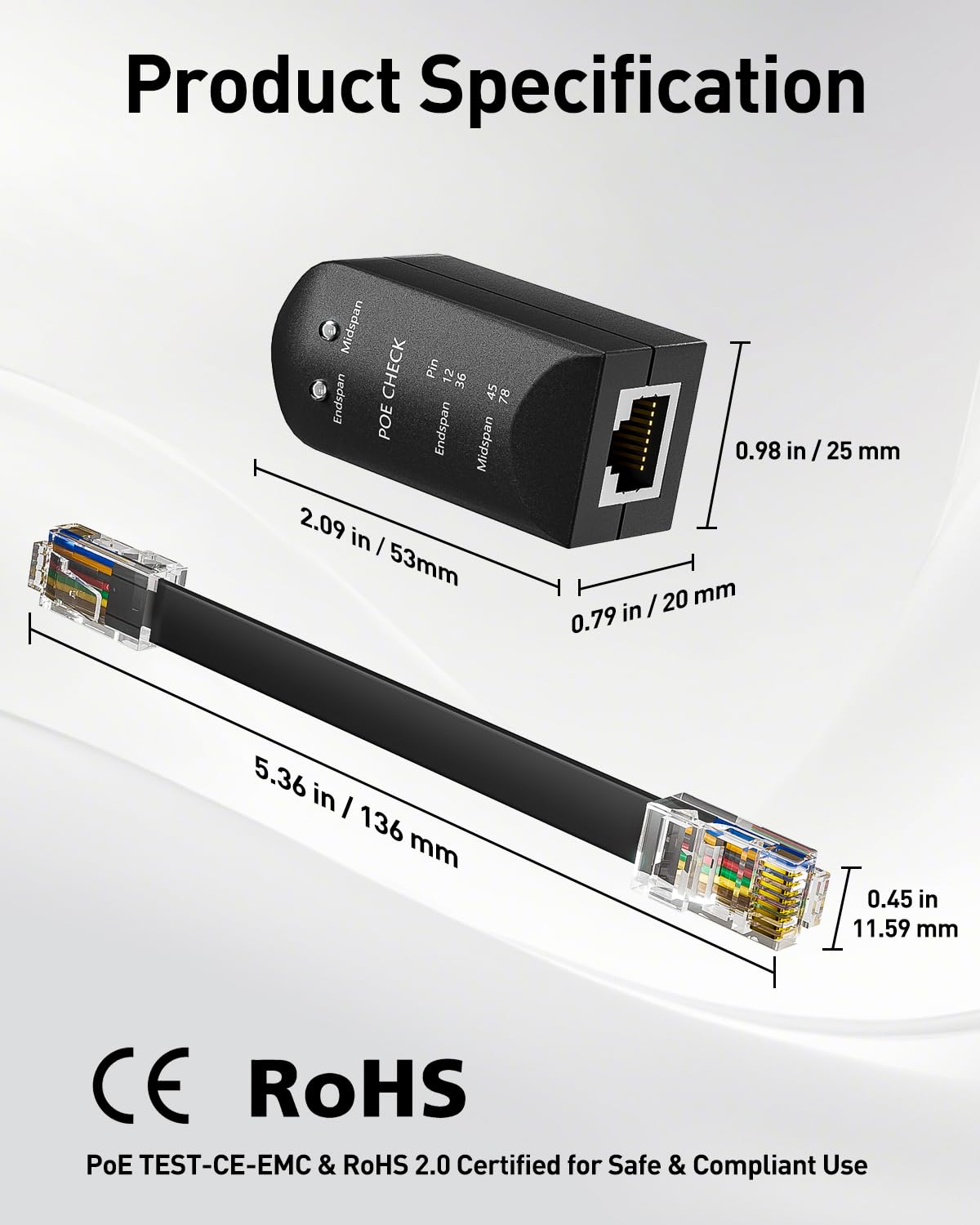 VCELINK PoE Tester con Cavo di Prova, Rilevatore di Stato Power Over Ethernet per il Rilevamento di Mid span o end span, PoE TEST-CE-EMC, Certificato RoHS 2.0, Nero, 1 pezzo