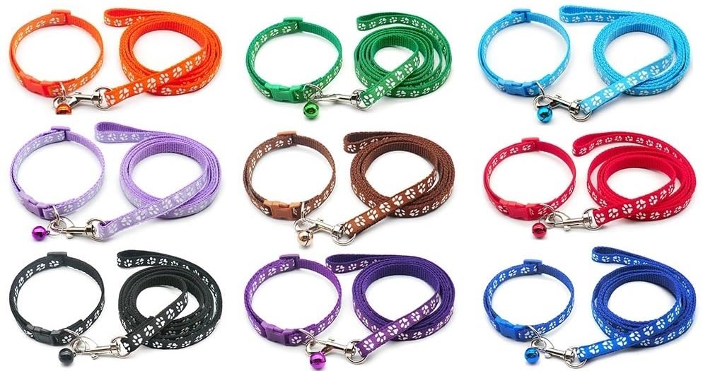 Small Dog Puppy Pet Collar and Lead Set Pawprint Design Nylon Adjustable Size 19-32cm Collar with Bell and 120cm Leash Fluorescent Bright Green - Image 4
