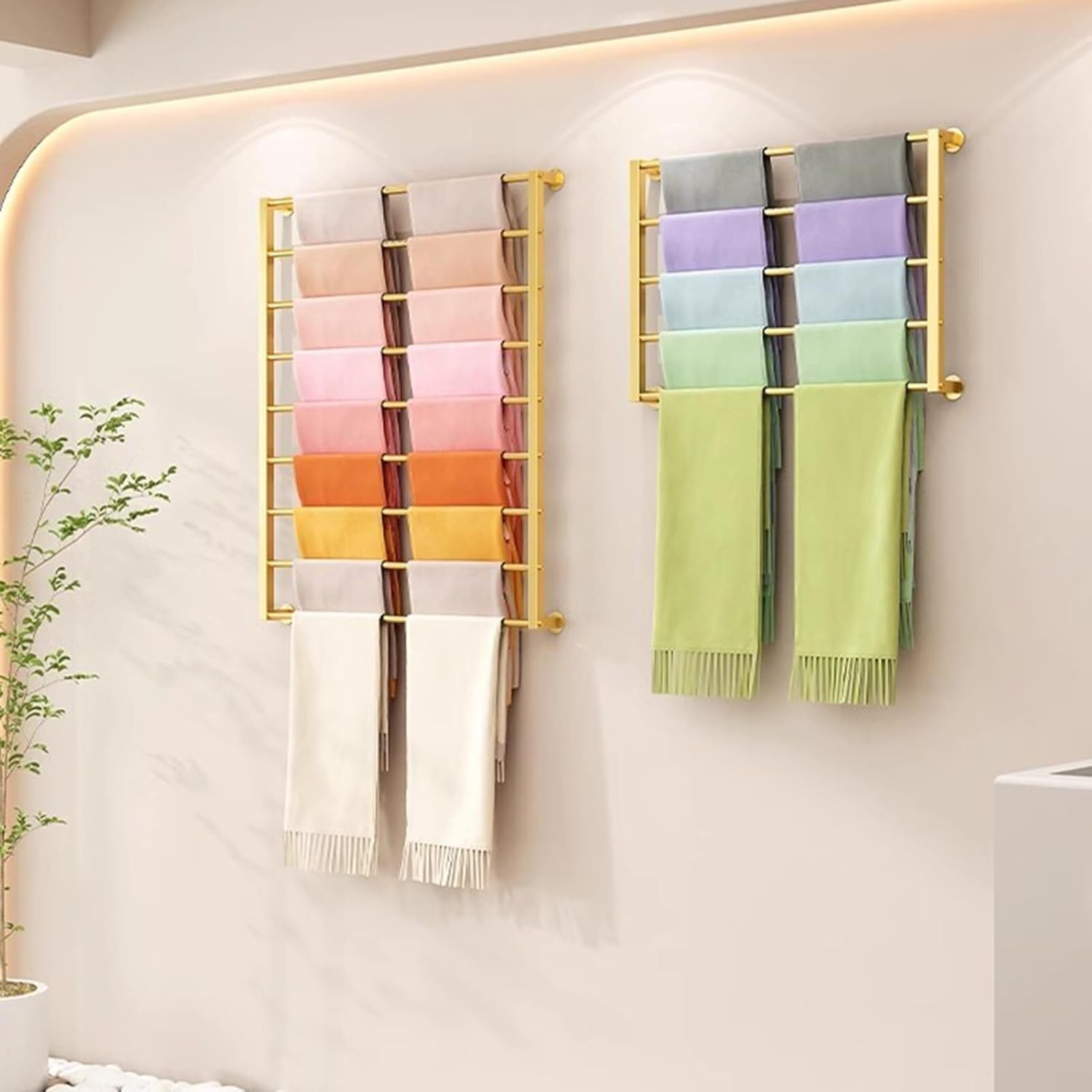 Customize what you need Wall Mounted Scarf Rack, Ties Silk Scarves Towels Storage Multifunctional Metal Rack, Space-Saving Wrapping Paper Organizer Ribbon Holde(Gold 120x60cm)