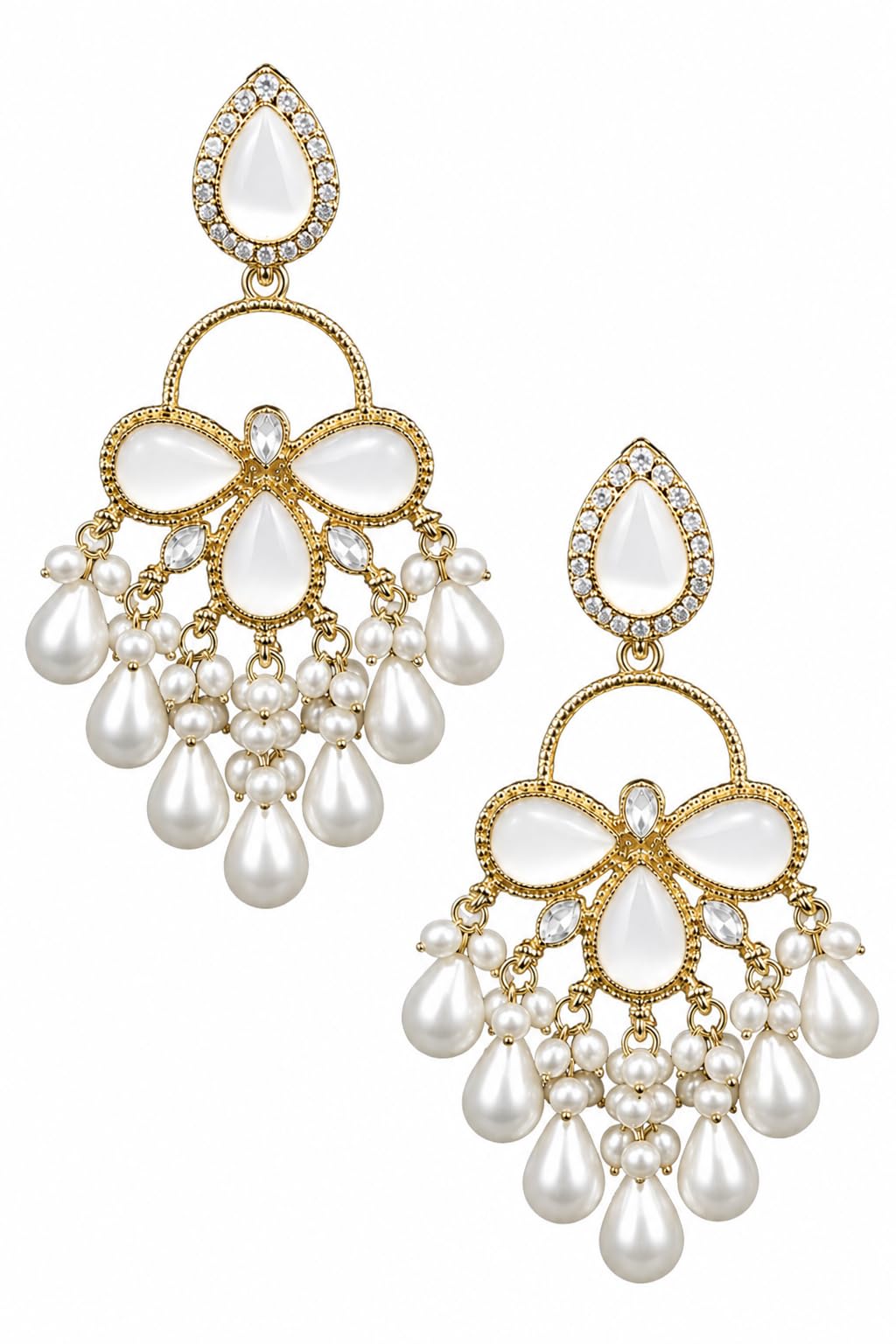 MASI PICKS Gold Plated Pearl Chandbali Earrings for Women | White Crystal Floral Drop Dangle Earrings | Traditional Ethnic Wedding, Bridal, Party & Festive Jewelry-image-14