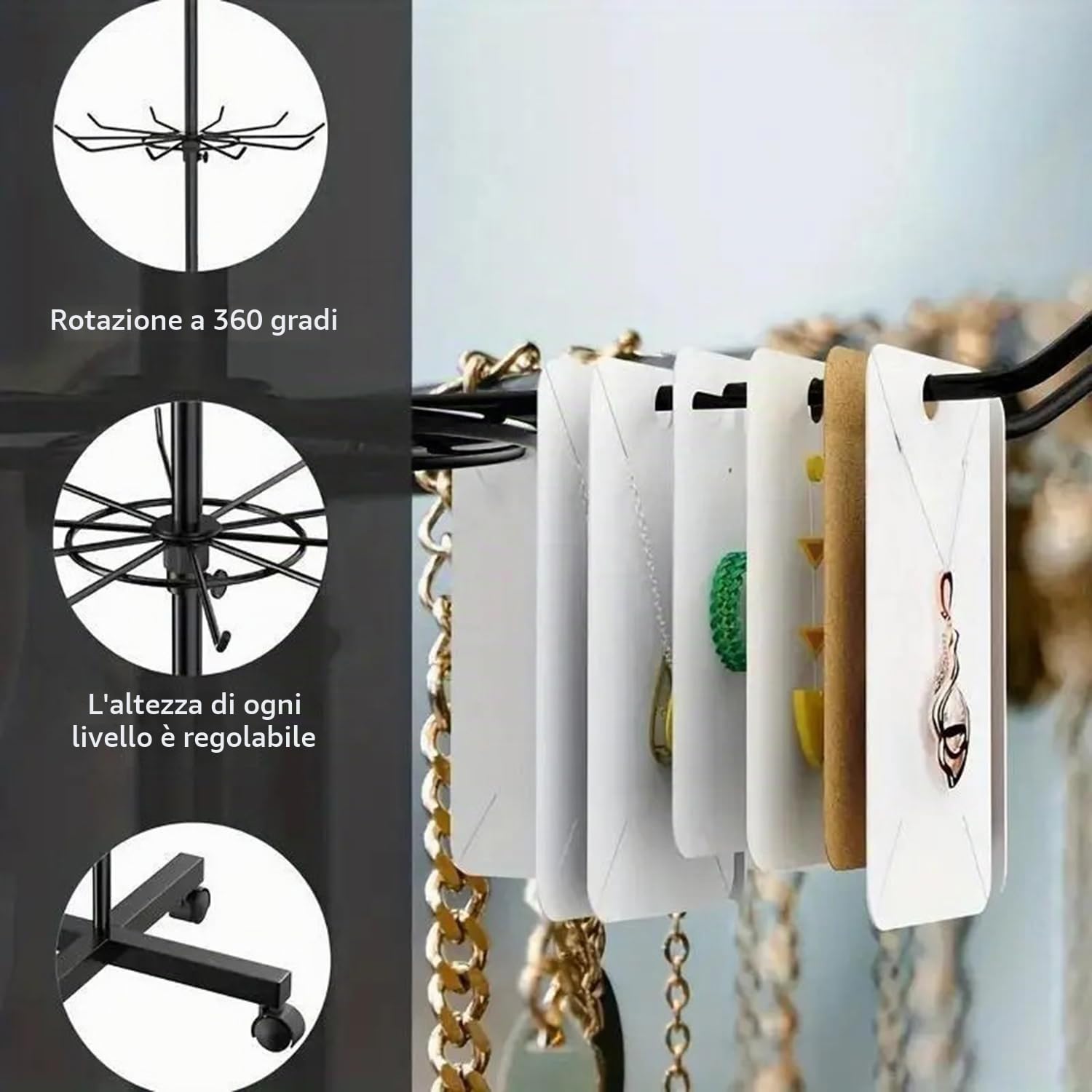 Espositore Girevole Per Articoli,Espositori Con Ganci Per Negozio In Metallo,7 Livelli Scaffale Calzini Negozi Con Ruote Da Terra Per Metallo Portachiavi Palline Schedine Biglietti Auguri,Ecc.(Nero)