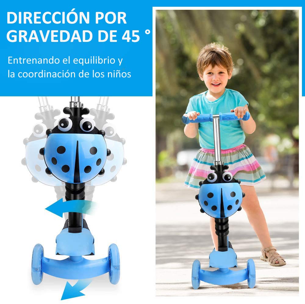 YOLEO Patinete para Niños 5-en-1, Patinete 3 Ruedas LED Parpadeantes, Scooter para Niños con Manillar Ajustable Asiento Extraíble de 2 a 8 años, Carga Máxima de 50 kg