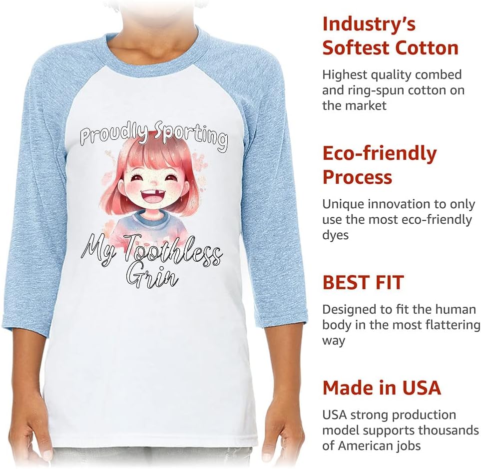 Proudly Sporting My Toothless Grin Kids' Baseball T-Shirt - Art 3/4 Sleeve T-Shirt - Print Baseball Tee