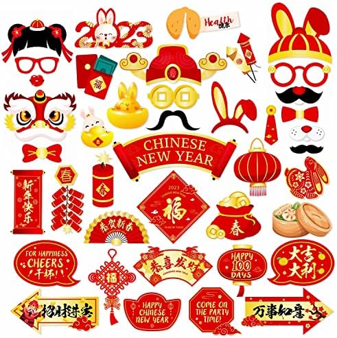 40 Pieces Chinese New Year Photo Booth Props Happy Chinese New Year-2023 Year of The Rabbit Photo Props for Lunar New Year Party Decorations