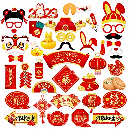 40 Pieces Chinese New Year Photo Booth Props Happy Chinese New Year-2023 Year Of The Rabbit Photo Props For Lunar New Year Party Decorations #TOP3