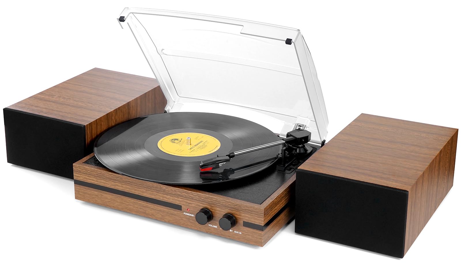 Giradischi Bluetooth vintage con trasmissione a cinghia, altoparlanti stereo doppi Lettore LP Ingresso cuffie AUX, 3 velocità 3 dimensioni, Marrone
