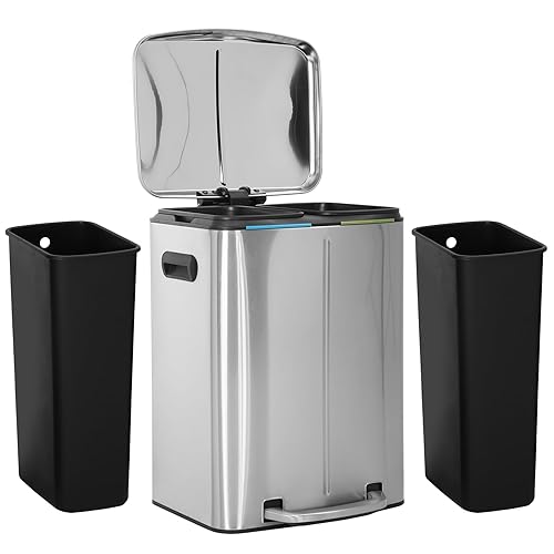 BLKMTY Bote de basura de 10 galones de 45 litros, doble basura, de acero inoxidable, con tapa, cubo interior, contenedor de basura para la oficina