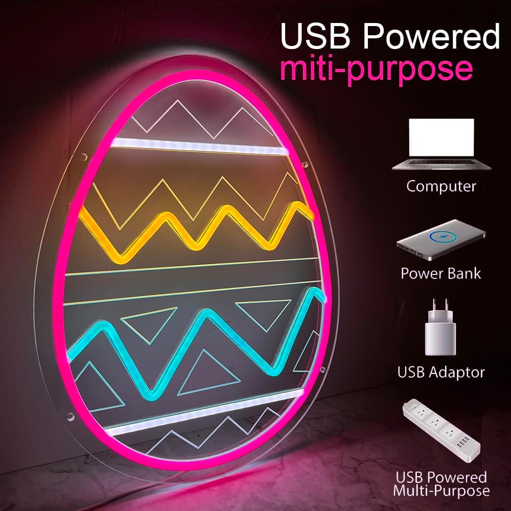 Easter Egg Neon Sign Easter Decoration Led Neon Lights USB Powered for Wall Decor Bunny Egg Light Up Sign for Spring Party Living Room Home Window Yard Sign
