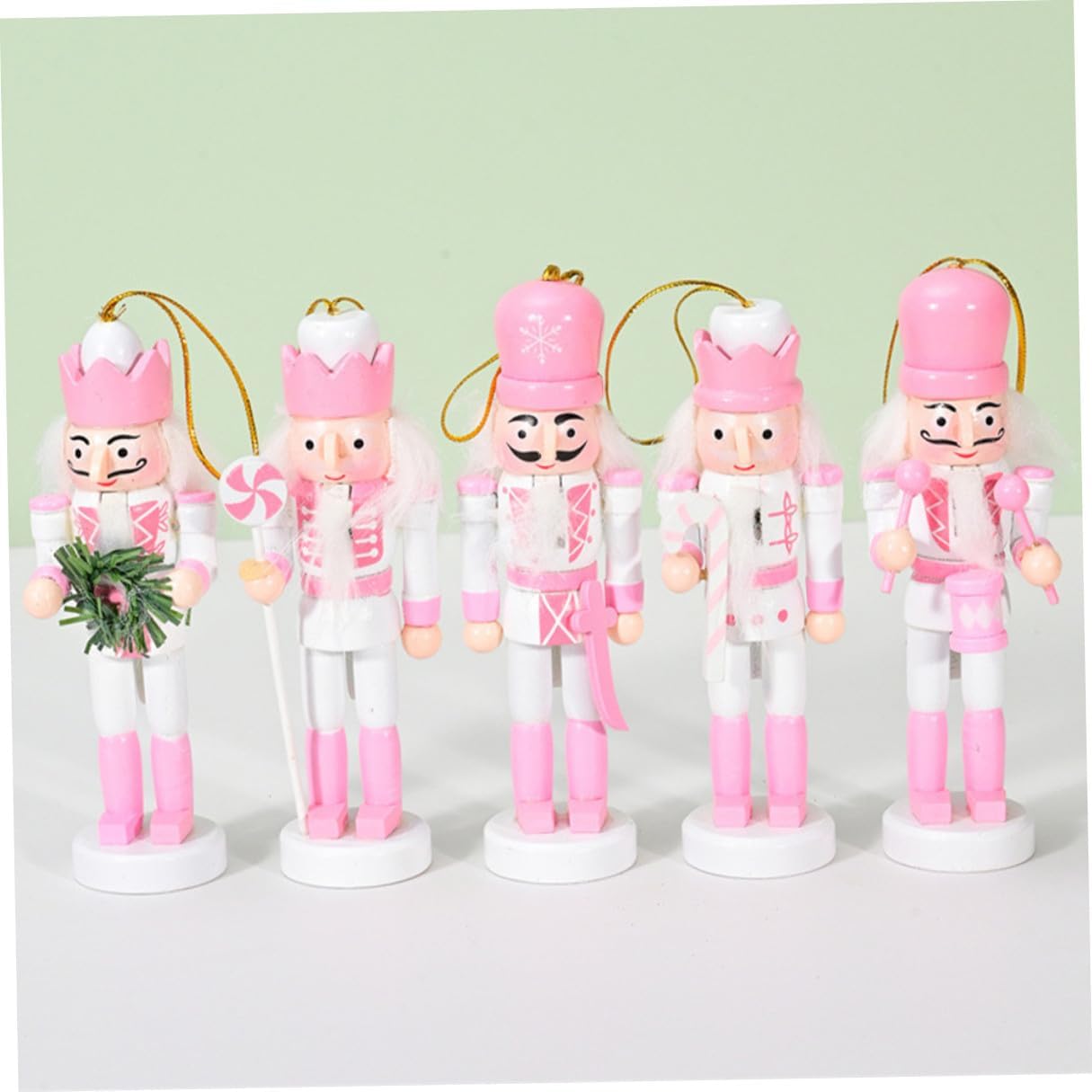 Angoily 5pcs Small Pink Nutcracker Pendant Set Hanging Wooden Christmas Nutcracker Decorations for Home and Tree