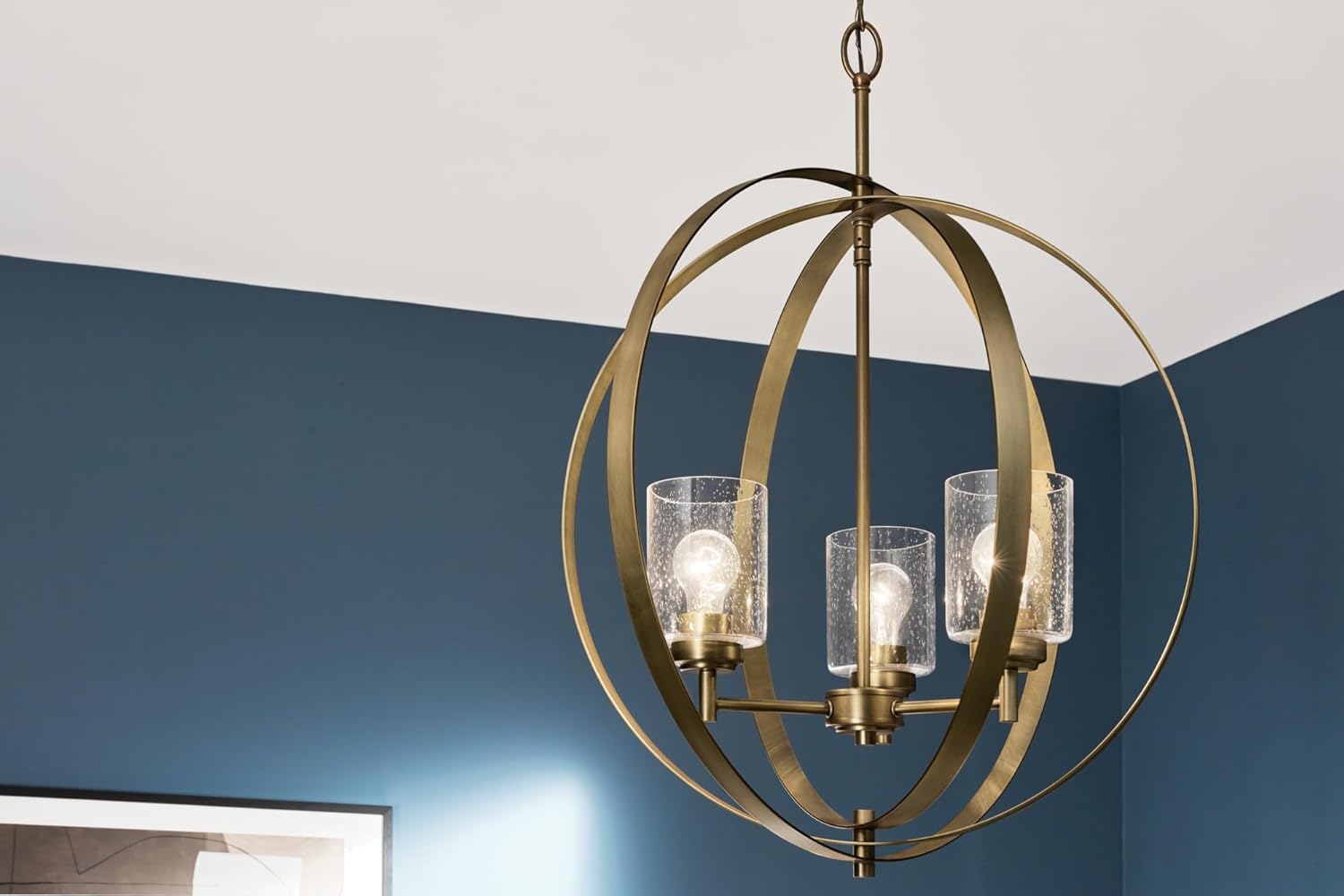 KICHLER Winslow 24.5" 3-Light Orb Chandelier with Clear Seeded Glass in Natural Brass for Kitchen, Bar, Dining Nooks, Small Entryways, Luxe Industrial, (30.75"x 24.5"), 44034NBR