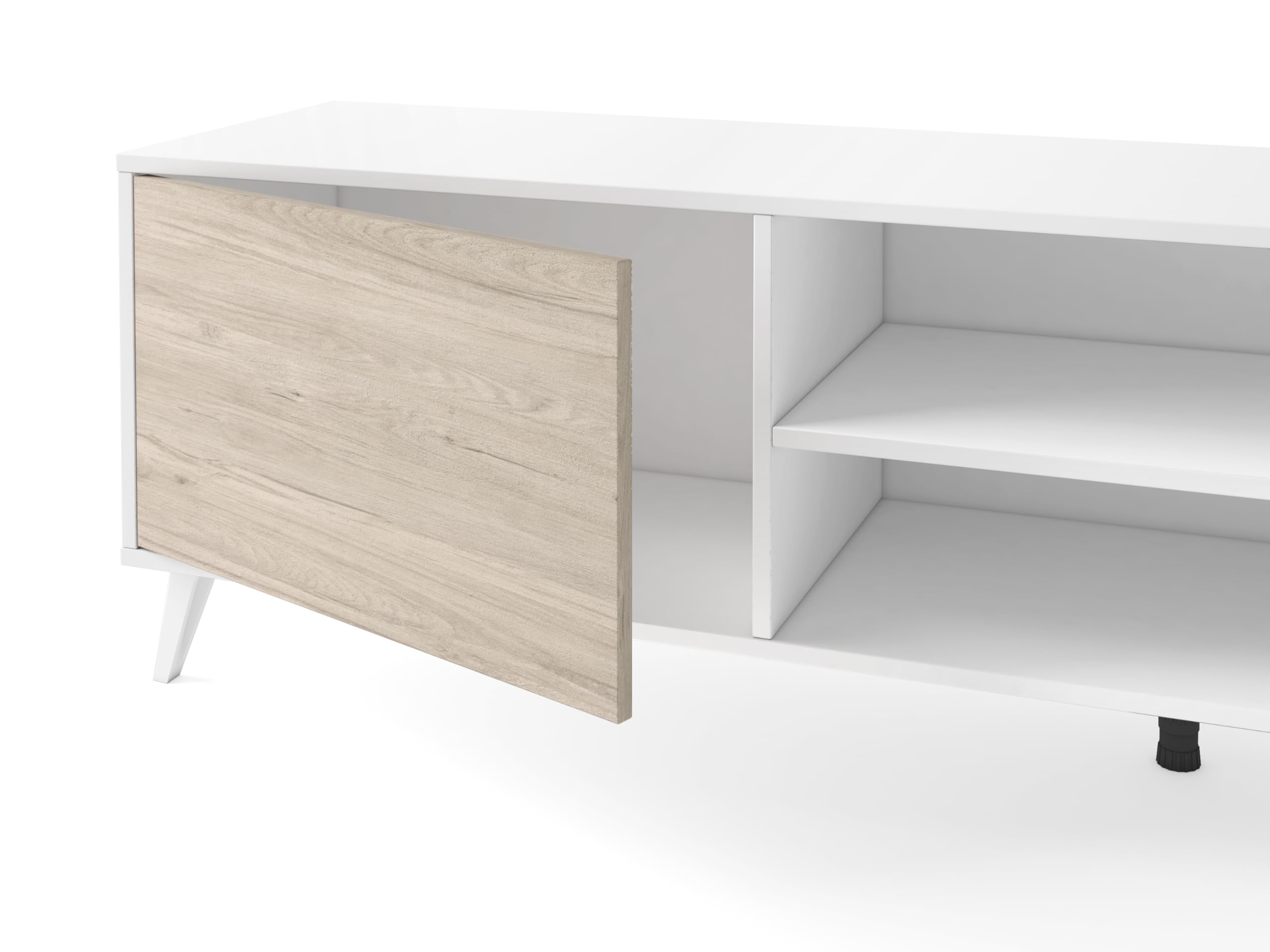 Meuble TV avec 2 Portes et 2 Compartiments pour Salon, Chambre. Dimensions : 180 x 49 x 39,6 cm (Largeur x Hauteur x Profondeur). Finitions Blanc Mat et Sable.
