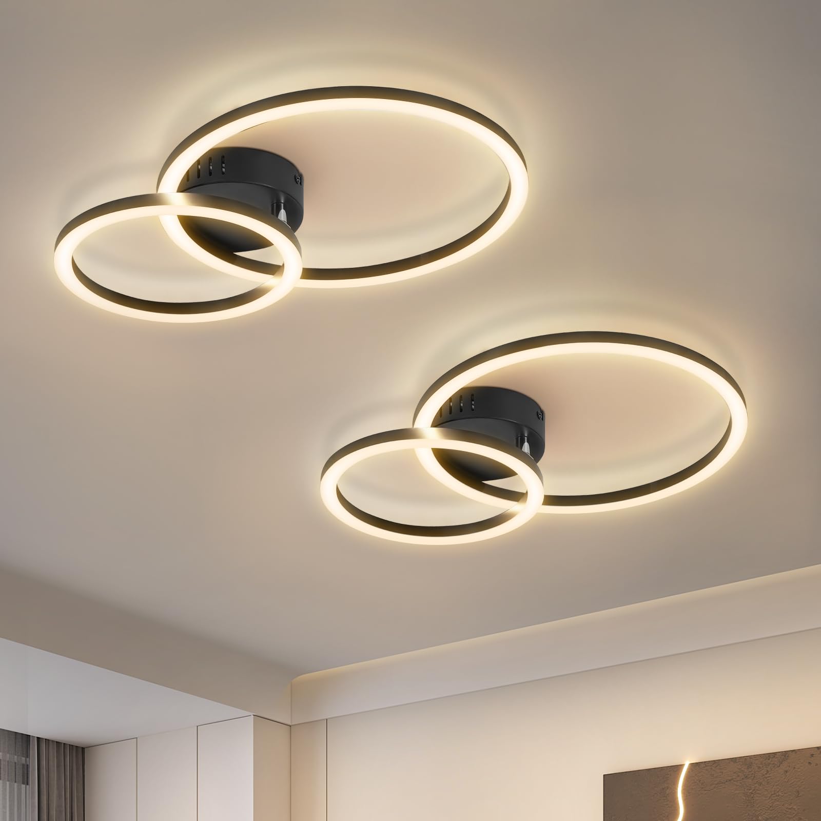 Homefire 2 Stück LED Deckenlampe Wohnzimmer 40cm - 23W Küchenlampe 3000K Warmweiß Wohnzimmerlampe Modern Deckenleuchte 2-Ringe Design Deckenbeleuchtung für Küche Schlafzimmer Flur Büro