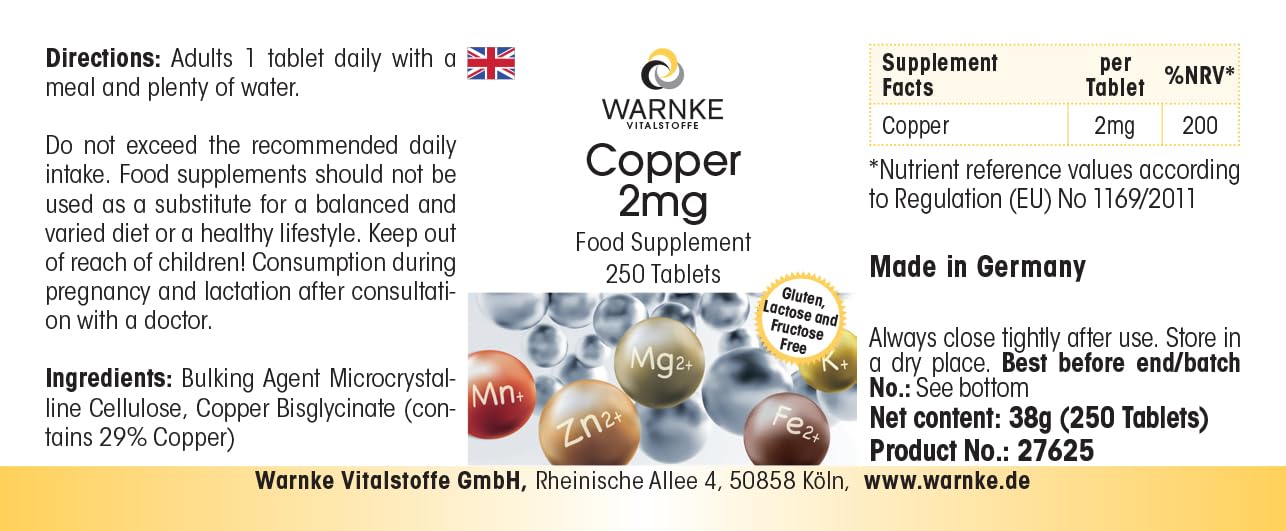 Rame 2mg - 250 compresse, ciascuna contenente 2mg - Bisglicinato di rame - ALTO DOSAGGIO - Qualità farmaceutica tedesca - vegano | Warnke Vitalstoffe