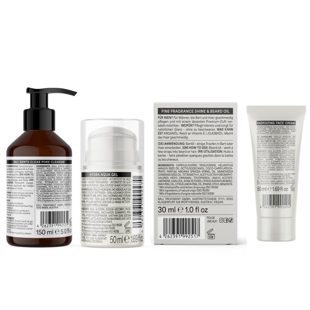 Bali GENTS Skincare Set – 4 pezzi per la cura del viso da uomo con Face Wash, Face Cream, Hydra Aqua Gel & Beard Oil, pulizia, idratazione e cura