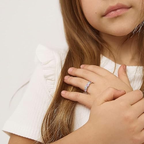 Miniatura 2 de Anillo de plata de ley 925 con circonita cúbica rosa y corazones transparentes para niñas y preadolescentes, bonito anillo de circonita cúbica para