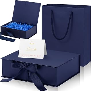 Zonon Dark Blue Luxury Gift Box with Lid and Ribbon 9 x 7 x 3'' Gift Bag with Greeting Card Tissue Paper for Decoration Wedding Easter Graduation Birthday Party Favor Present Supplies