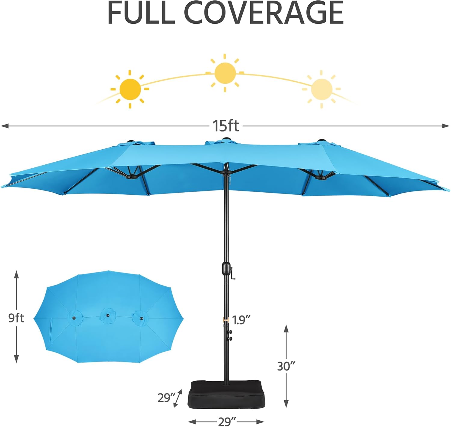 Topeakmart 13/15 ft Patio Umbrella & Double Sided Umbrella & Twin-size Market Parasol Rectangular Sun Shelter with Crank & Double-layer Cloth for Pool,Garden,Garden